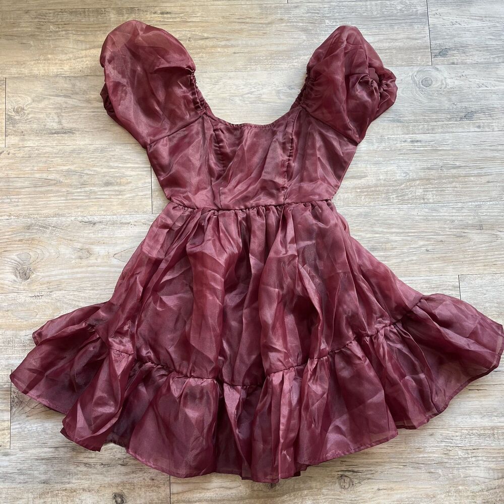 Hot Topic Cosmic Aura Dress Small Maroon Tiered Puff Sleeve Ruffle Mini NWT - Picture 3 of 7
